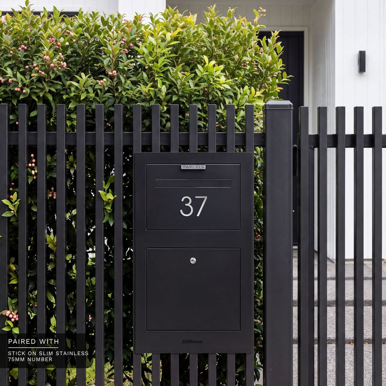 Zurich Front Open Parcel Fence/Brick Letterbox - Black