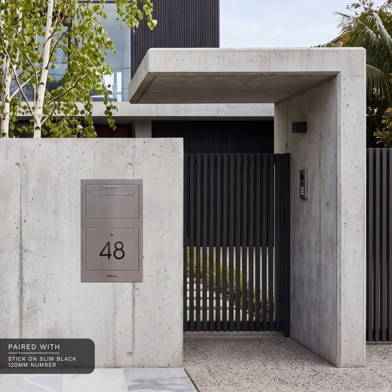 Zurich Front Open Parcel Fence/Brick Letterbox - Stainless Steel/Black