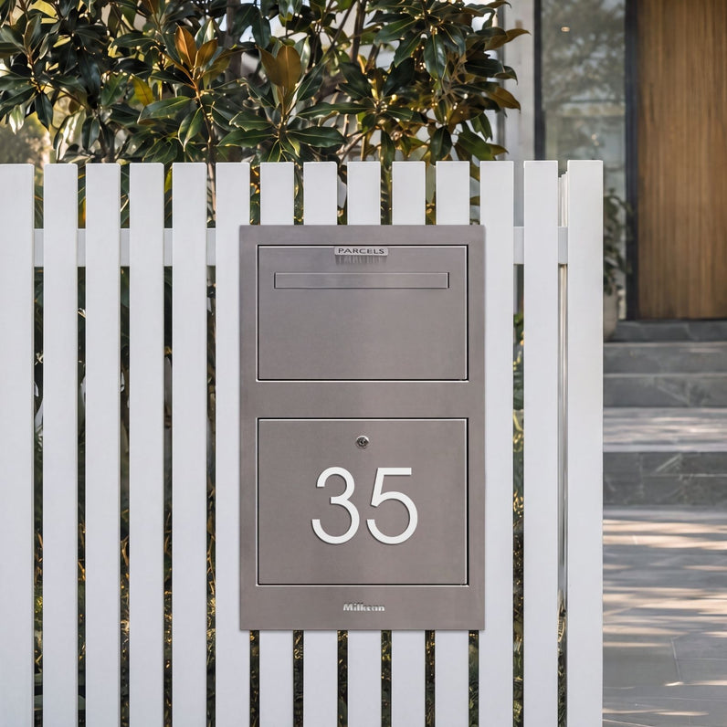 Zurich Front Open Parcel Fence/Brick Letterbox - Stainless Steel/White