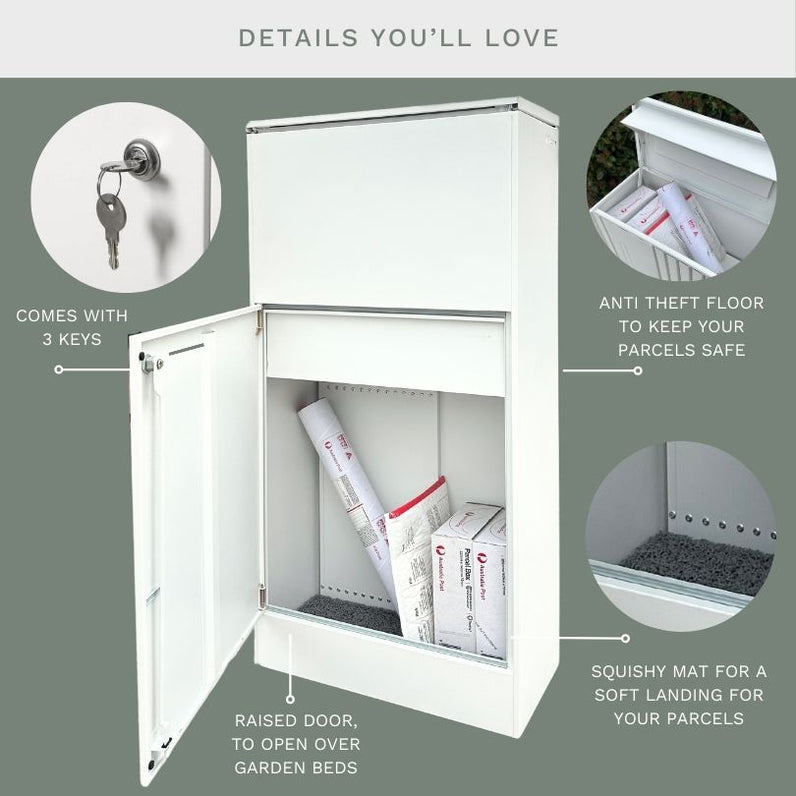 Noosa Extra Wide Parcel Pillar Letterbox - White/Bark