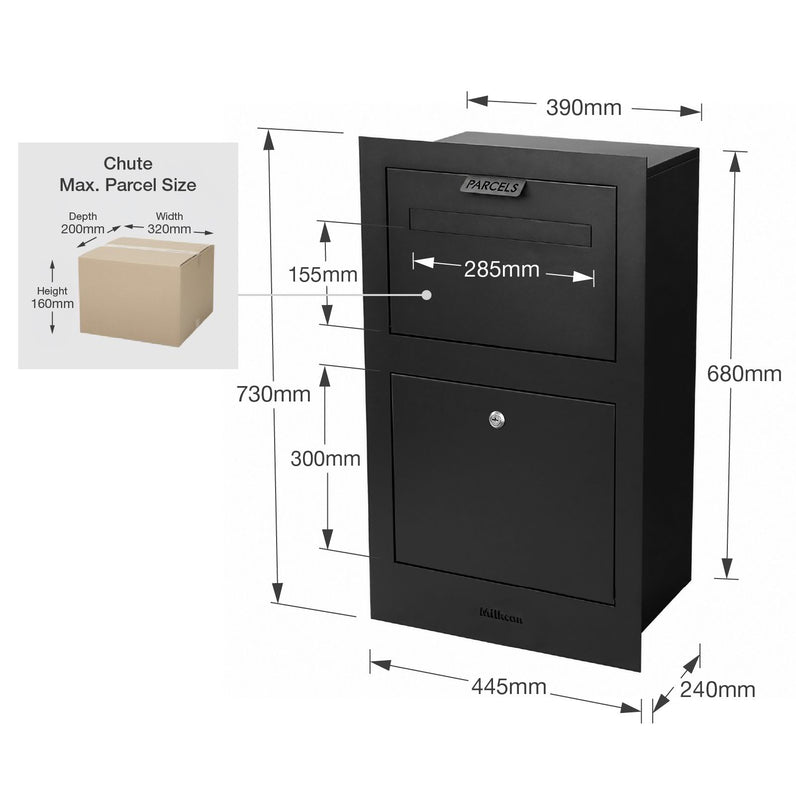 Zurich Front Open Parcel Fence/Brick Letterbox - Black