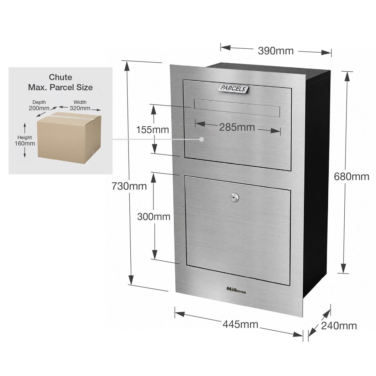Zurich Front Open Parcel Fence/Brick Letterbox - Stainless Steel/Black