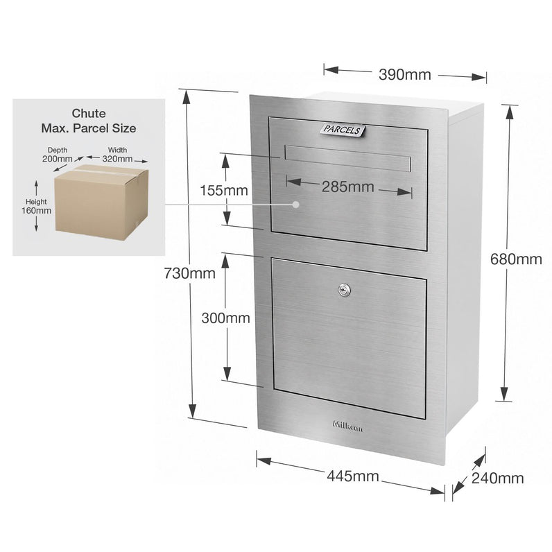 Zurich Front Open Parcel Fence/Brick Letterbox - Stainless Steel/White