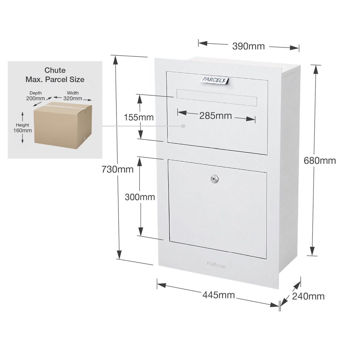 Zurich Front Open Parcel Fence/Brick Letterbox - White