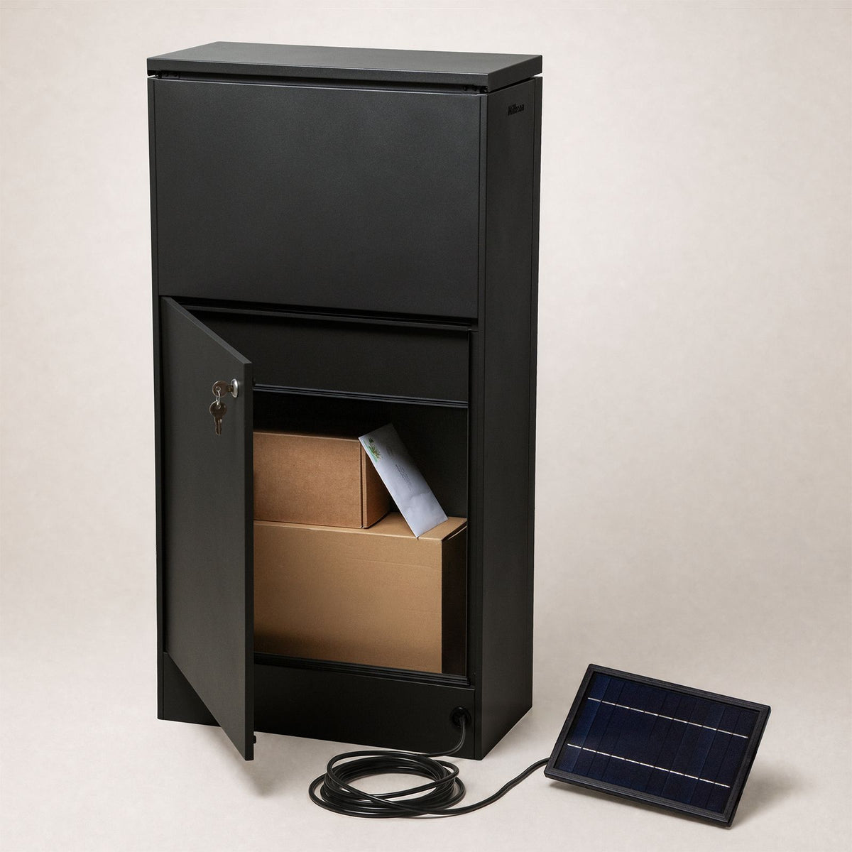 Cove Solar - Black Parcel Pillar Letterbox