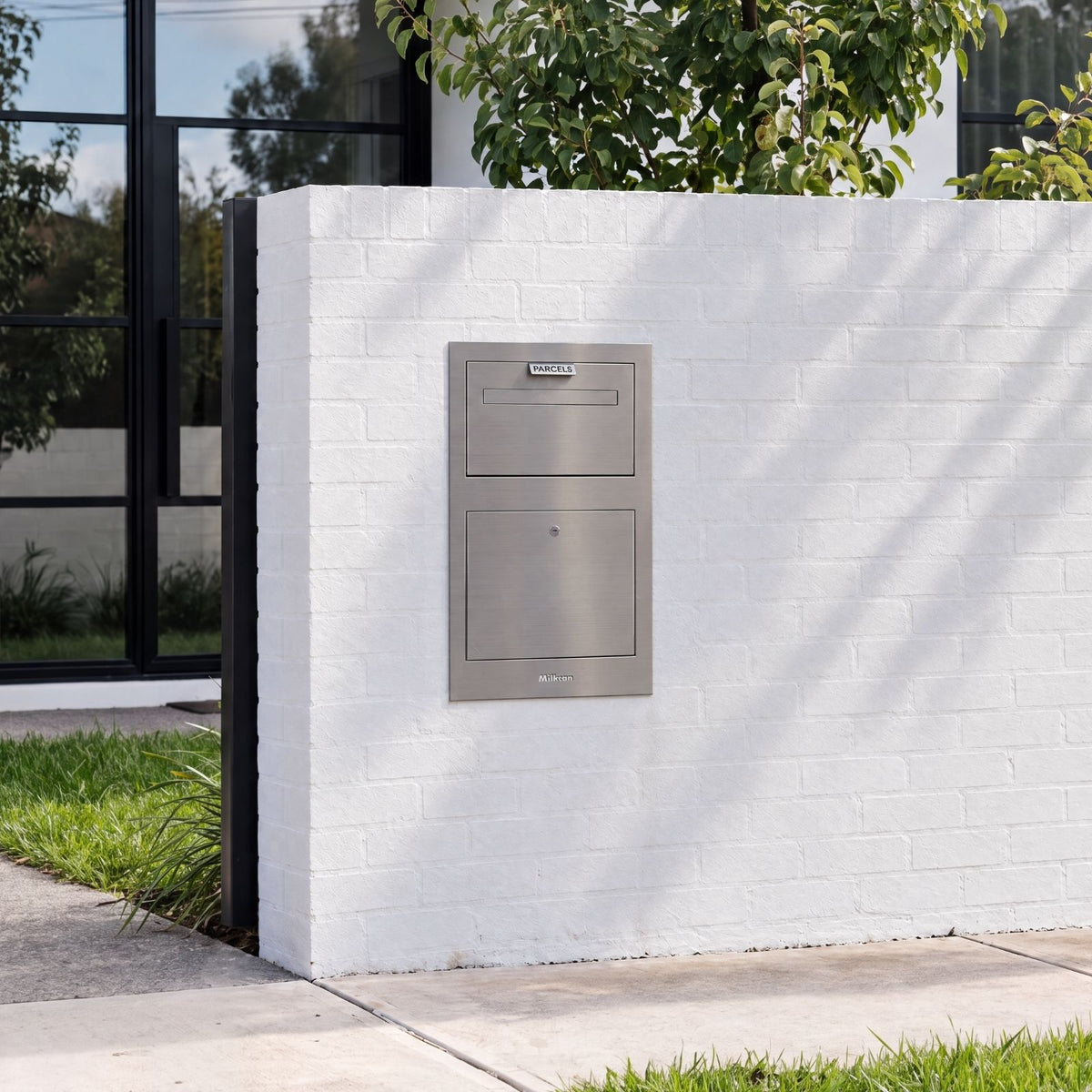 Zurich Front Open Parcel Fence/Brick Letterbox - Stainless Steel/White