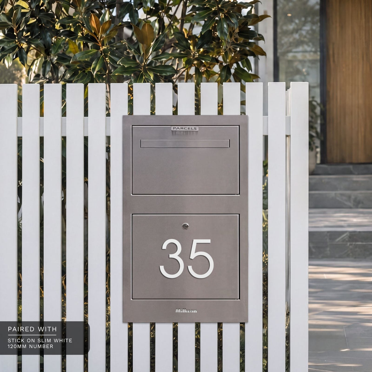 Zurich Front Open Parcel Fence/Brick Letterbox - Stainless Steel/White