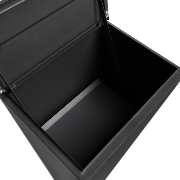 Milkcan-720BK-noosa-black-parcel-pillar-letterbox-lid-open-1100px